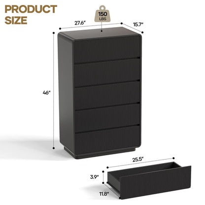 MARNUR 5 Drawer Dresser for Bedroom, 84lbs Heavy-Duty Chest of Drawers with Fluted Wave Design, Curved Tall Dresser with Anti-Tip Strap & Silent Slides, Extra Large Storage Dresser , Black