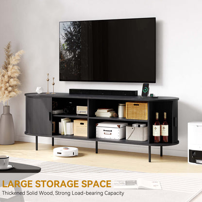 MARNUR 63" TV Stand for 70" TV, Wood Entertainment Center with Storage and Shelves, 2 Sliding Tambour Doors, Mid-Century Modern, Black