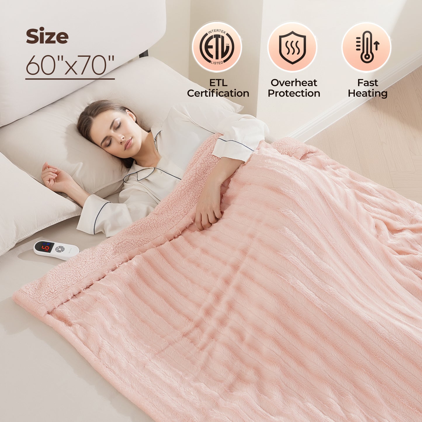 MARNUR Electric Throw Blanket Extra Large Size, 60" x 70" Soft Faux Fur Heated Blanket, 6 Heating Levels, 4 Hours Timer - Pink