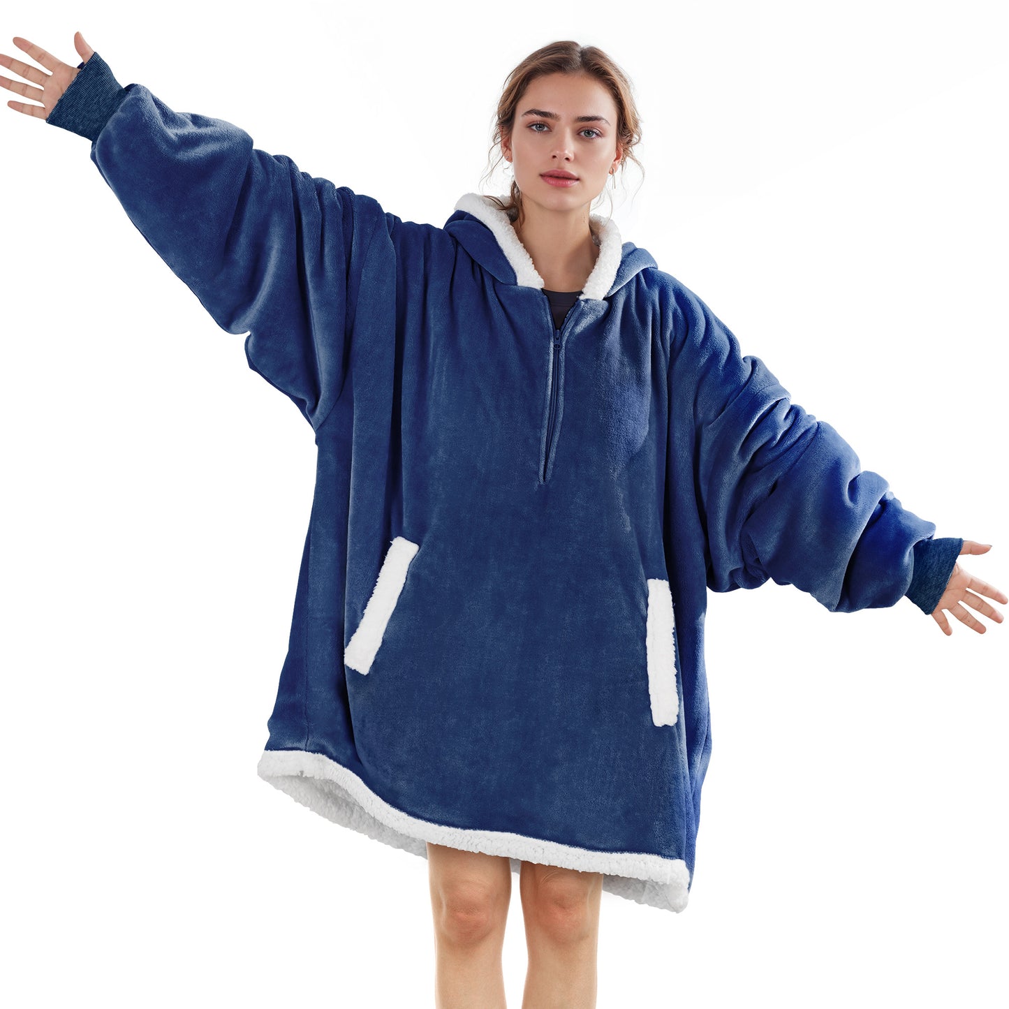 MARNUR Wearable Blanket Hoodie for Adults Women Men, Flannel and Shu Velvet, Dark Blue