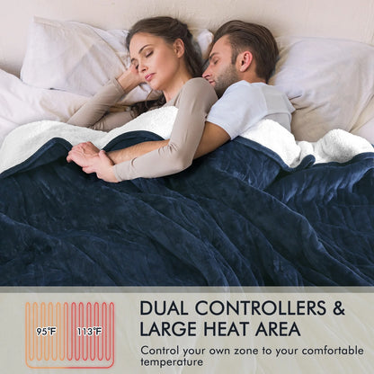 MARNUR Electric Heated Blanket King Size 90''x100'', Fast Heating with Dual Controllers, 10 Heating Levels, 10H Timers, Preheat Function Machine Washable - Dark Blue