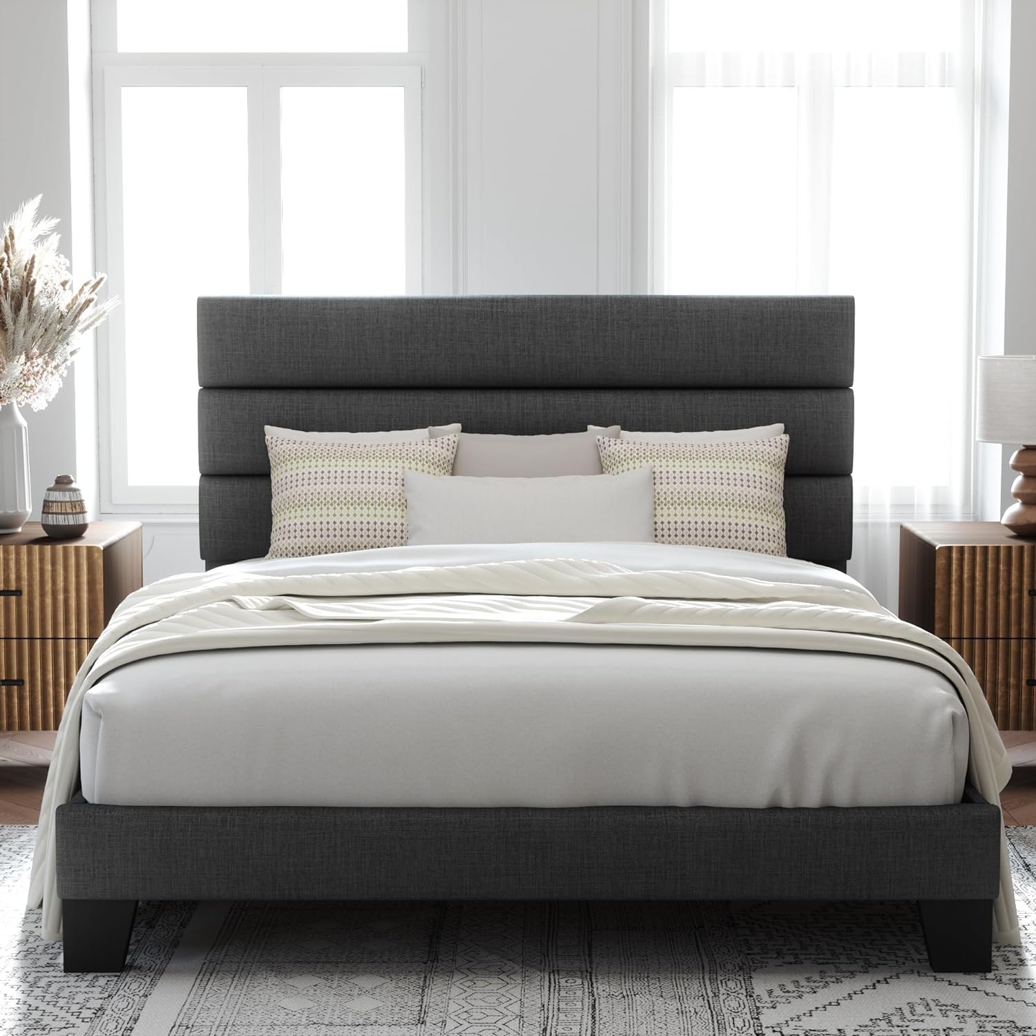Load image into Gallery viewer, MARNUR Queen Bed Frame with Linen Fabric Upholstered Headboard and Wooden Slats Support, Gray
