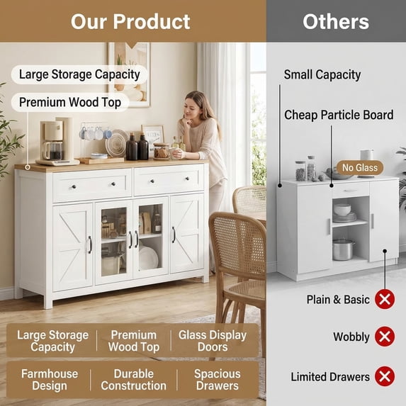 MARNUR Buffet Cabinet Farmhouse Style, 55" Storage Cabinet with 2 Drawers 4 Doors, Adjustable Shelves for Kitchen Office Bedroom Hallway Entryway, Oak & White