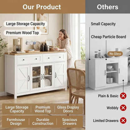 MARNUR Buffet Cabinet Farmhouse Style, 55" Storage Cabinet with 2 Drawers 4 Doors, Adjustable Shelves for Kitchen Office Bedroom Hallway Entryway, Oak & White