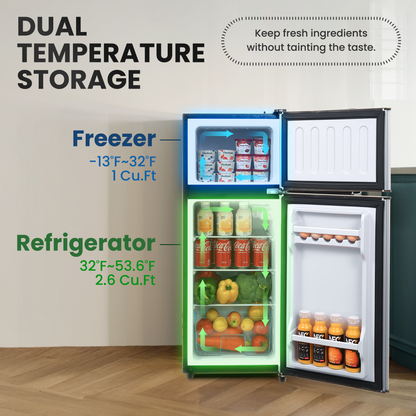 MaxKare 3.6 Cu.Ft Mini Fridge with Freezer 2-Door Compact Refrigerator with LED Light for Dorm, Office, Bar, RV, Bedroom, Silver