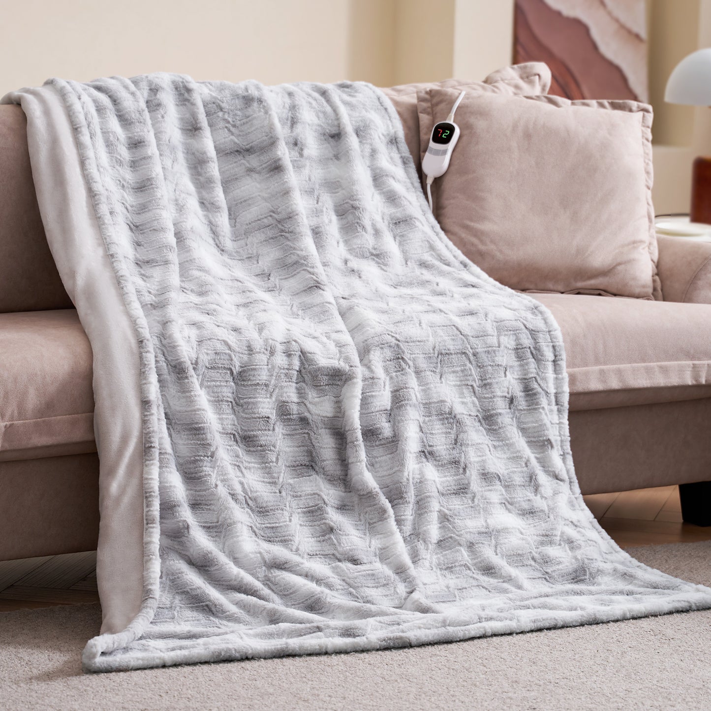 MARNUR Electric Blanket Heated Throw Extra Large Size 50"x72", Soft Faux Fur Heated Blanket with 10 Heating Levels, 4 Hours Timer, ETL Certification, Gray