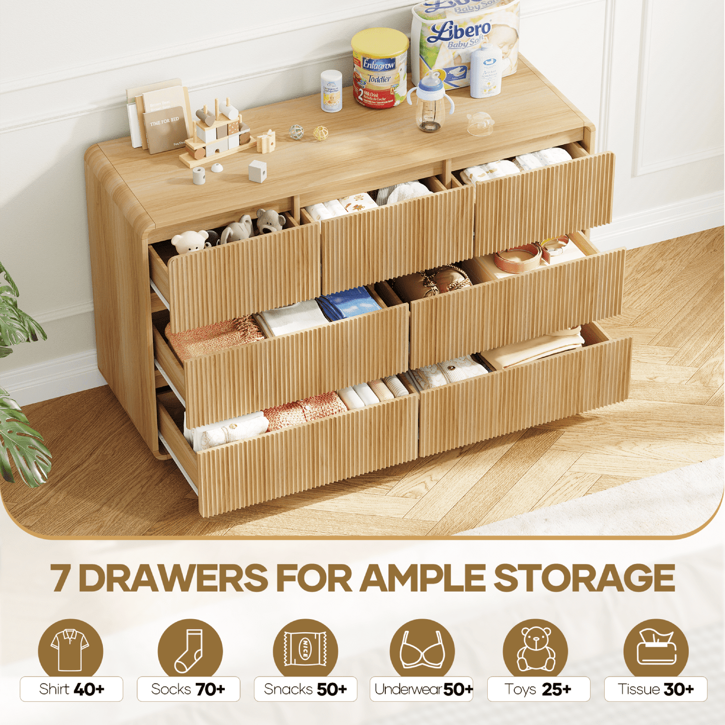 MARNUR 7 Drawer Dresser for Bedroom, Wooden Chest of Drawers for Closet, with Wide Top, Smooth Glides, for Living Room, Hallway, Kids Room, Natural Oak