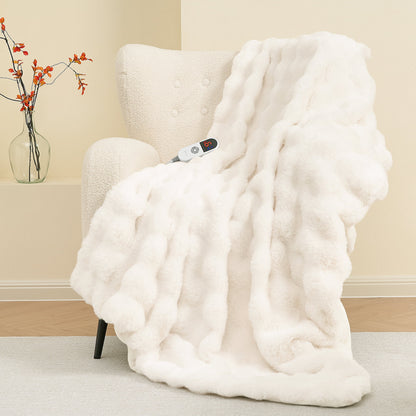 MARNUR 50"x60" Electric Blanket, Faux Fur Heated Blanket, 6 Heating Levels, 4-Hour Timer, White