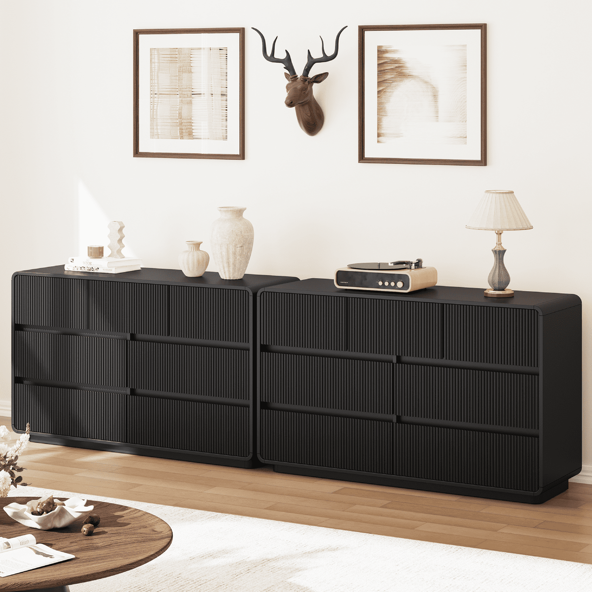 MARNUR 7 Drawer Dresser for Bedroom, Wooden Chest of Drawers for Closet, with Wide Top, Smooth Glides, for Living Room, Hallway, Kids Room, Black