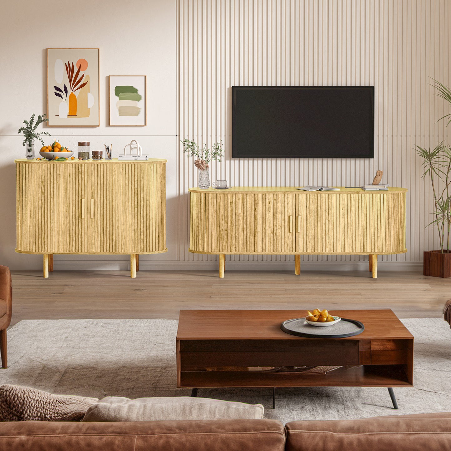 MARNUR 55" TV Stand for 60" TV, Wood Entertainment Center with Storage and Shelves, 2 Sliding Tambour Doors, Mid-Century Modern, Oak