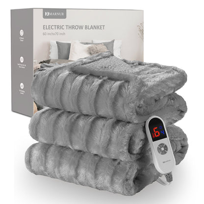 MARNUR Electric Throw Blanket Extra Large Size, 60" x 70" Soft Faux Fur Heated Blanket, 6 Heating Levels, 4 Hours Timer - Gray
