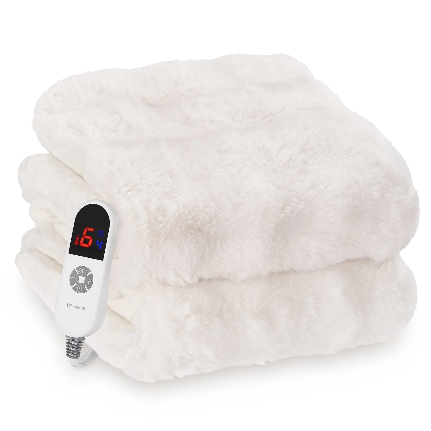 MARNUR 50"x60" Electric Blanket, Faux Fur Heated Blanket, 6 Heating Levels, 4-Hour Timer, White