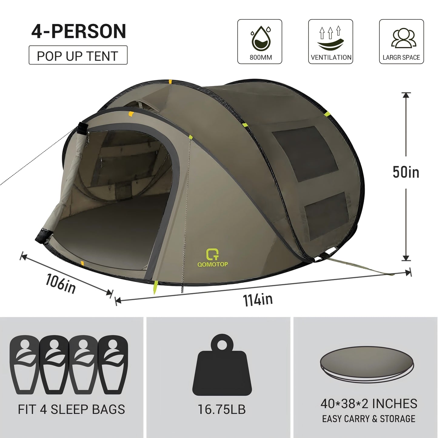 MARNUR Instant Tent 4-Person Camp Tent, Automatic Setup Pop Up Tent, Waterproof, Huge Side Screen Windows, Green