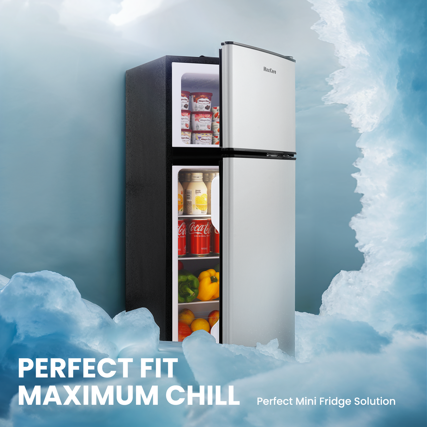 MaxKare 3.6 Cu.Ft Mini Fridge with Freezer 2-Door Compact Refrigerator with LED Light for Dorm, Office, Bar, RV, Bedroom, Silver