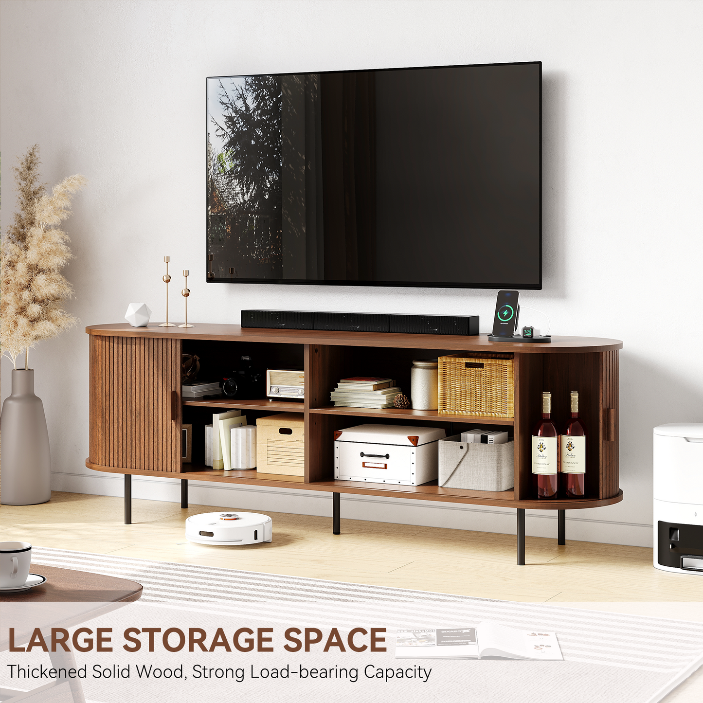 MARNUR 63" TV Stand for 70" TV, Wood Entertainment Center with Storage and Shelves, 2 Sliding Tambour Doors, Mid-Century Modern, Walnut