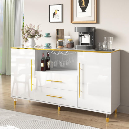MARNUR Wine Bar Cabinet 55" Sideboard Buffet Cabinet 2-Door 2-Drawer for Kitchen Dining Room Living Room, White