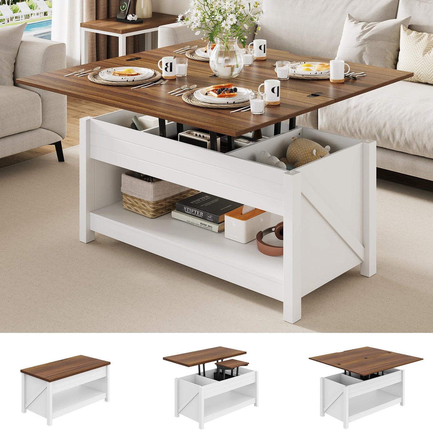 MARNUR Lift Top Coffee Table with Storage, Farmhouse Center Table for Living Room, Rectangle