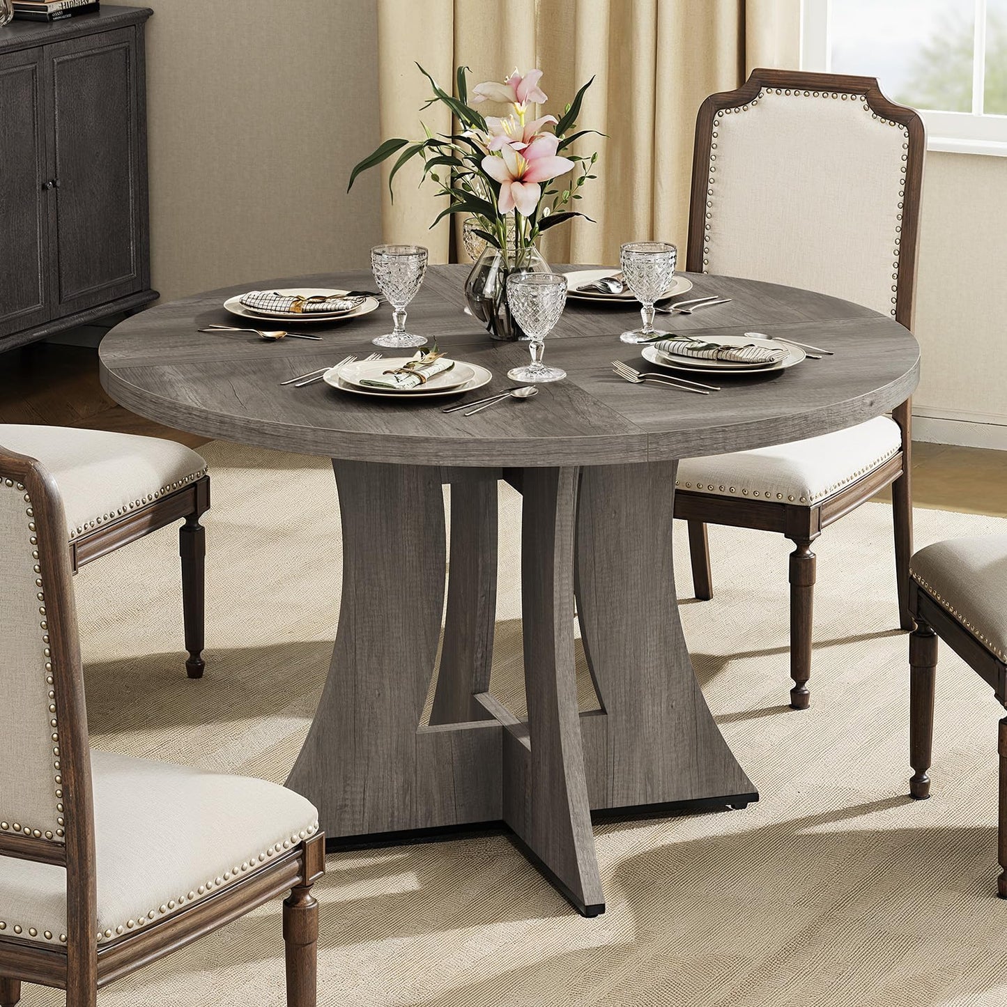 Round Dining Table for 4-6 Person, 47.24 Inch Kitchen Table Modern American Style, Wooden Dinner Room Table for Home Dining Room Kitchen Living Room, Gray (Only Table)