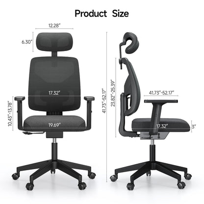 MARNUR Ergonomic Office Chair, High Back Desk Chair with Slide Seat, Adjustable Backrest, Tilt Lock Function, Lumbar Support, Armrests, 2D Headrest for Home Office, Black