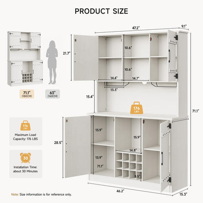 MARNUR 71" Kitchen Pantry, Farmhouse Storage Cabinet with 12 Wine Racks for Kitchen, Dining Room, White