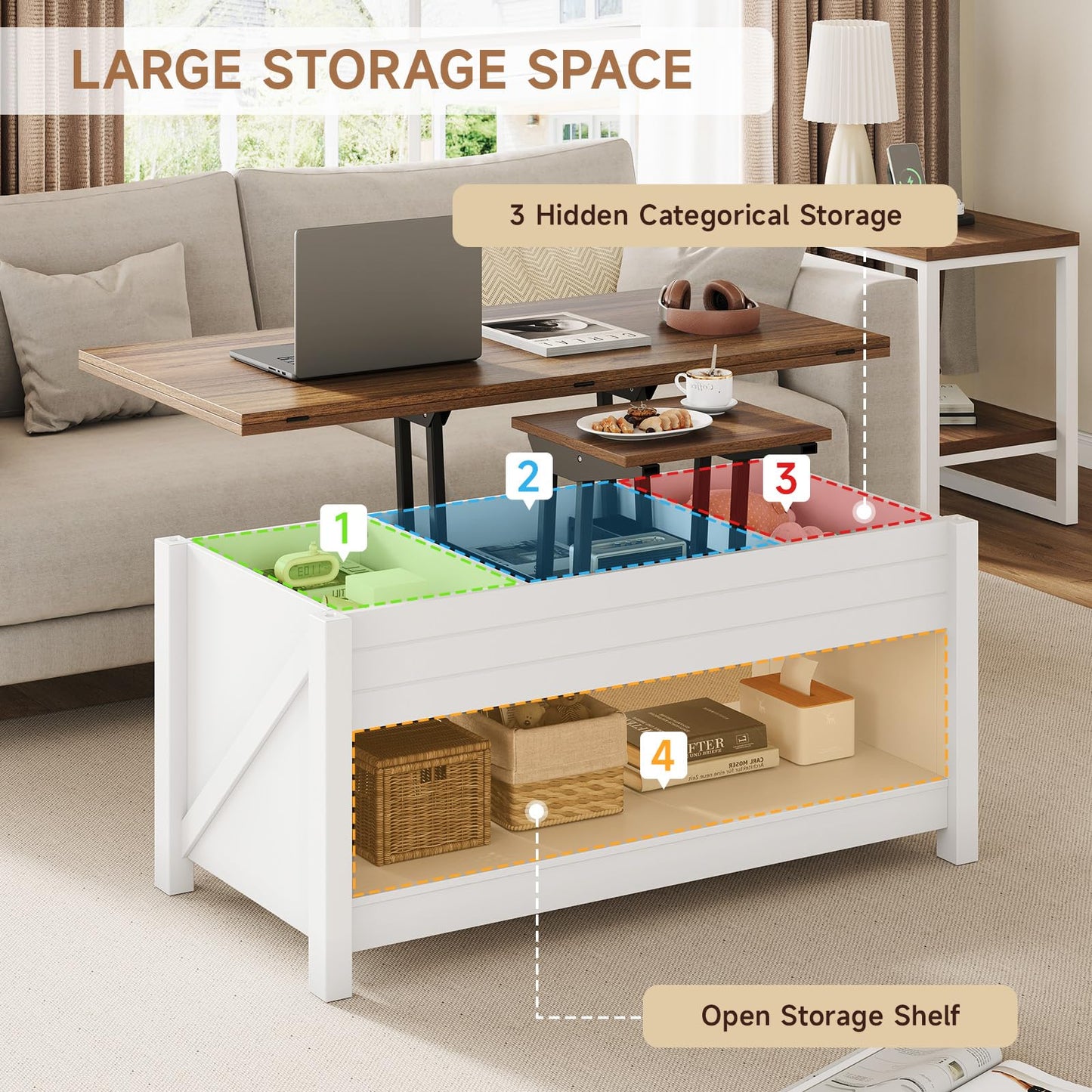MARNUR Lift Top Coffee Table with Storage, Farmhouse Center Table for Living Room, Rectangle