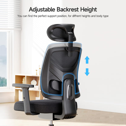 MARNUR Ergonomic Office Chair, High Back Desk Chair with Slide Seat, Adjustable Backrest, Tilt Lock Function, Lumbar Support, Armrests, 2D Headrest for Home Office, Black