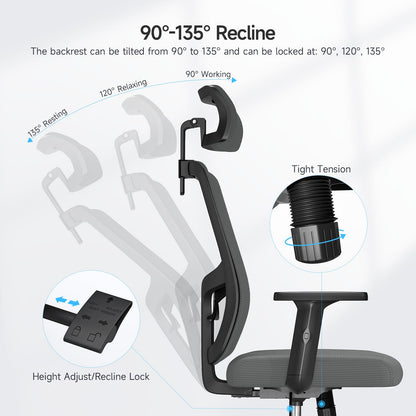 MARNUR Ergonomic Mesh Office Chair with Large Seat, High Back Office Chair with Tilt Lock Function, 2D Headrest, Adjustable Lumbar Support, Gray