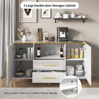 MARNUR Wine Bar Cabinet 55" Sideboard Buffet Cabinet 2-Door 2-Drawer for Kitchen Dining Room Living Room, White