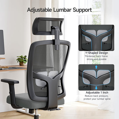 MARNUR Ergonomic Mesh Office Chair with Large Seat, High Back Office Chair with Tilt Lock Function, 2D Headrest, Adjustable Lumbar Support, Gray