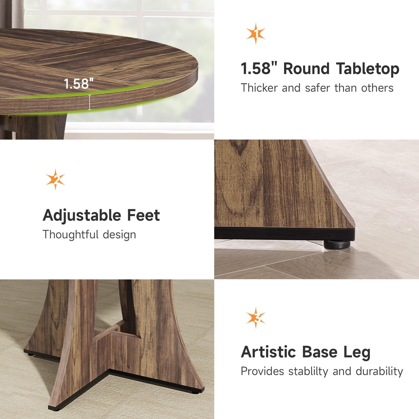 47 inch Round Dining Table for 4-6 People, Circle Kitchen MDF Table for Dining Room Living Room, Small Wood Farmhouse Dinner Table, Brown (Only Table)