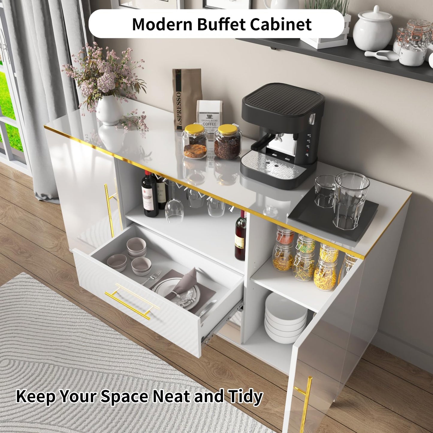 MARNUR Wine Bar Cabinet 55" Sideboard Buffet Cabinet 2-Door 2-Drawer for Kitchen Dining Room Living Room, White
