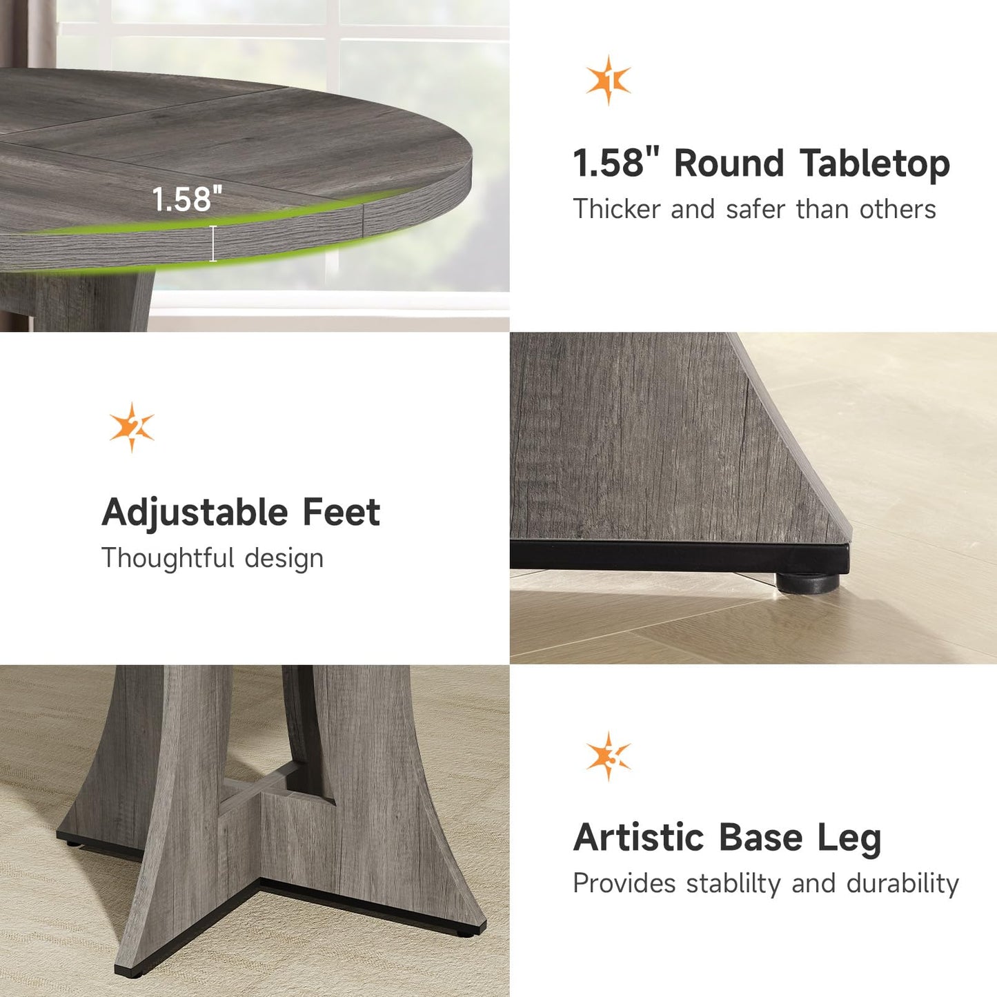 Round Dining Table for 4-6 Person, 47.24 Inch Kitchen Table Modern American Style, Wooden Dinner Room Table for Home Dining Room Kitchen Living Room, Gray (Only Table)