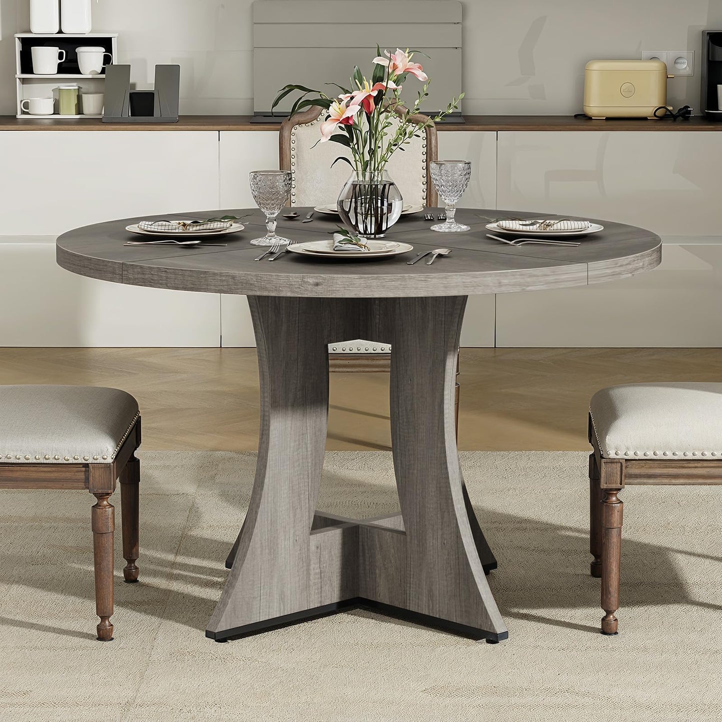 Round Dining Table for 4-6 Person, 47.24 Inch Kitchen Table Modern American Style, Wooden Dinner Room Table for Home Dining Room Kitchen Living Room, Gray (Only Table)
