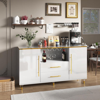 MARNUR Wine Bar Cabinet 55" Sideboard Buffet Cabinet 2-Door 2-Drawer for Kitchen Dining Room Living Room, White