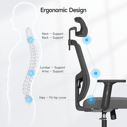 MARNUR Ergonomic Mesh Office Chair with Large Seat, High Back Office Chair with Tilt Lock Function, 2D Headrest, Adjustable Lumbar Support, Gray