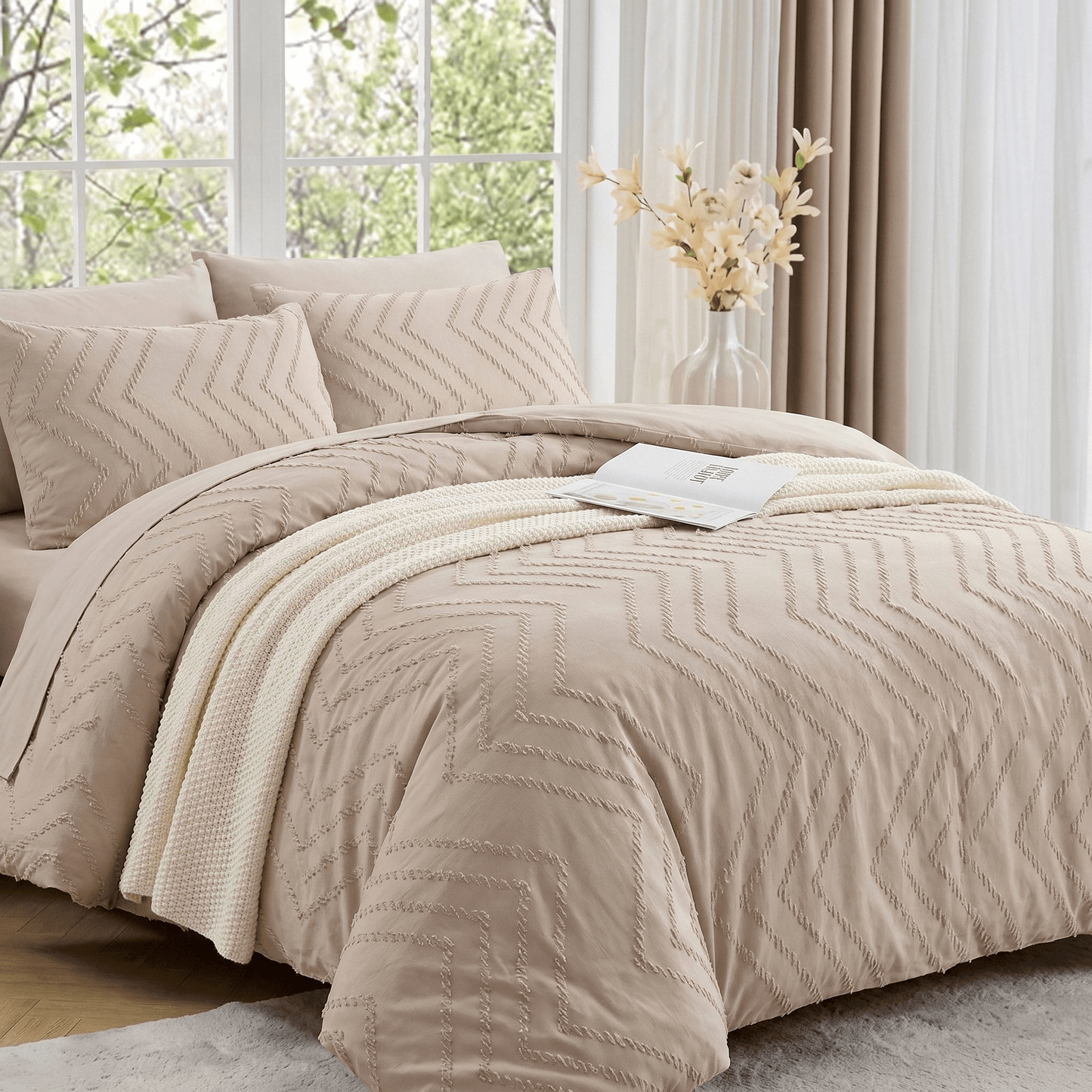 MARNUR King Comforter Set, 7 Pieces Boho Tufted Bed in a Bag, All-Season Prewashed Soft Bedding Set with Comforter, Sheets, Pillowcases & Shams, Beige