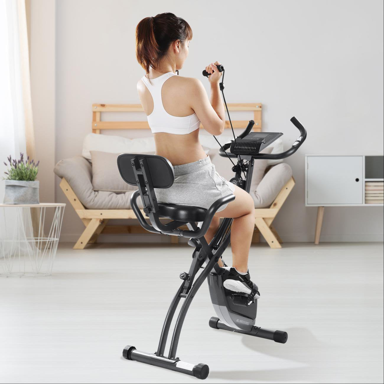 Load image into Gallery viewer, Exercise Bike Folding Stationary Bike Magnetic Recumbent 3-in-1 Cycling Slim Bike with Arm Resistance Bands &amp; LCD Monitor for Men and Women Indoor Outdoor
