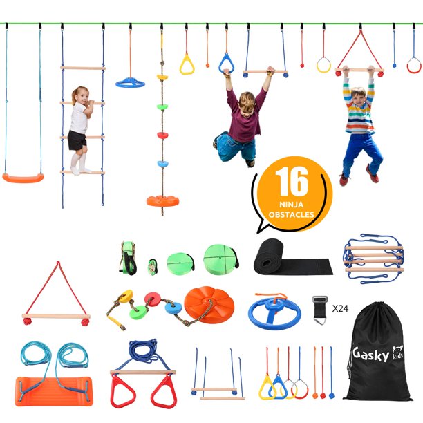 Load image into Gallery viewer, Ninja Warrior Obstacle Course for Kids Ninja Slackline Kit Backyard Outside with 2×55 ft Slackline 16 Accessories for Kids, Slackline Capacity 1320lbs with Adjustable Buckles Tree Protectors Carry Bag
