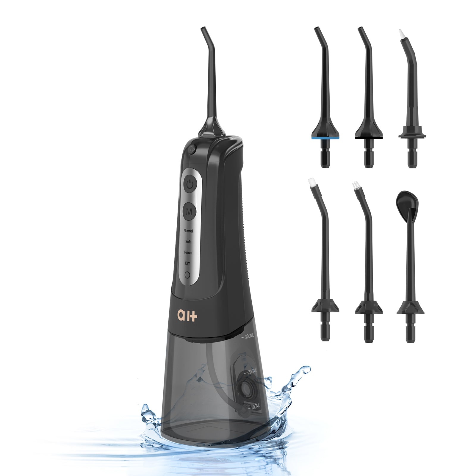 Load image into Gallery viewer, Water Flosser Cordless Portable Oral Irrigator with 4 Cleaning Modes, Removable Water Tank of 300 ML, 360-Degree Rotation, 7 Multifunctional Heads, USB Rechargeable, Black
