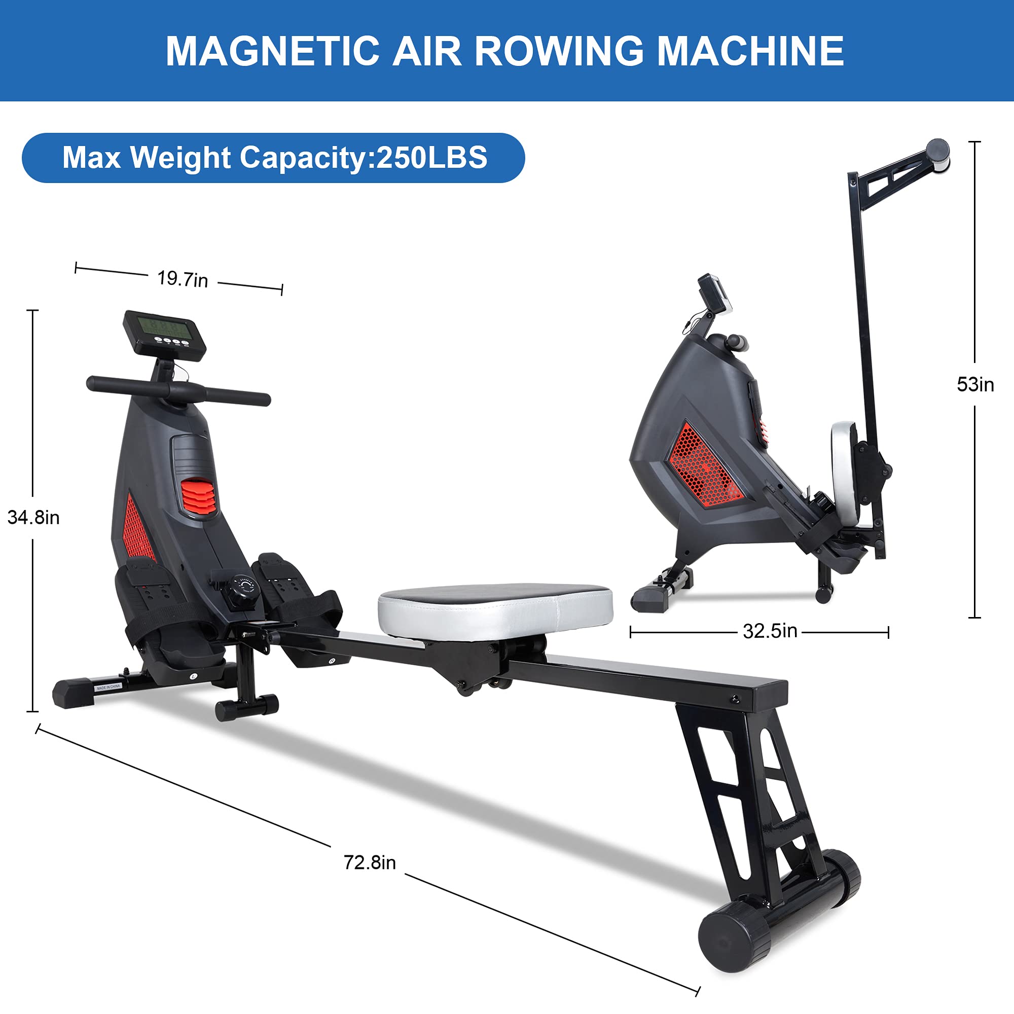 Load image into Gallery viewer, Magnetic Air Rowing Machines for Home Use, 8-Level Quiet Magnetic &amp; Air Dual Resistance Foldable Rower with LCD Monitor for Cardio Exercise Gyms Training Equipment
