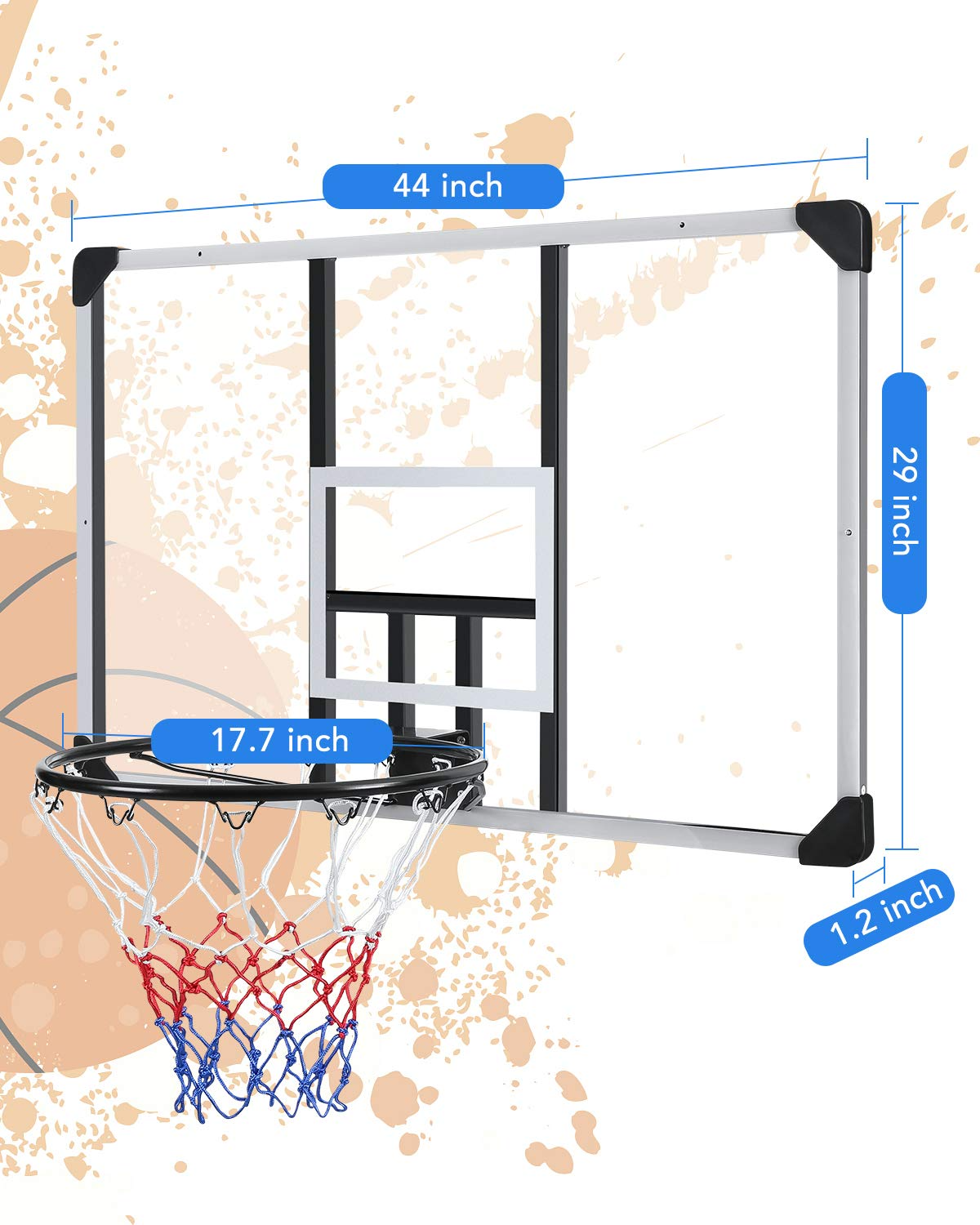 Load image into Gallery viewer, 44 Inch Basketball Backboard Wall-Mount Hoops &amp; Goals Rim Combo Kit&amp;Shatterproof Polycarbonate Board&amp;All-Steel Rustproof Frame&amp;for Standard No.7 Balls
