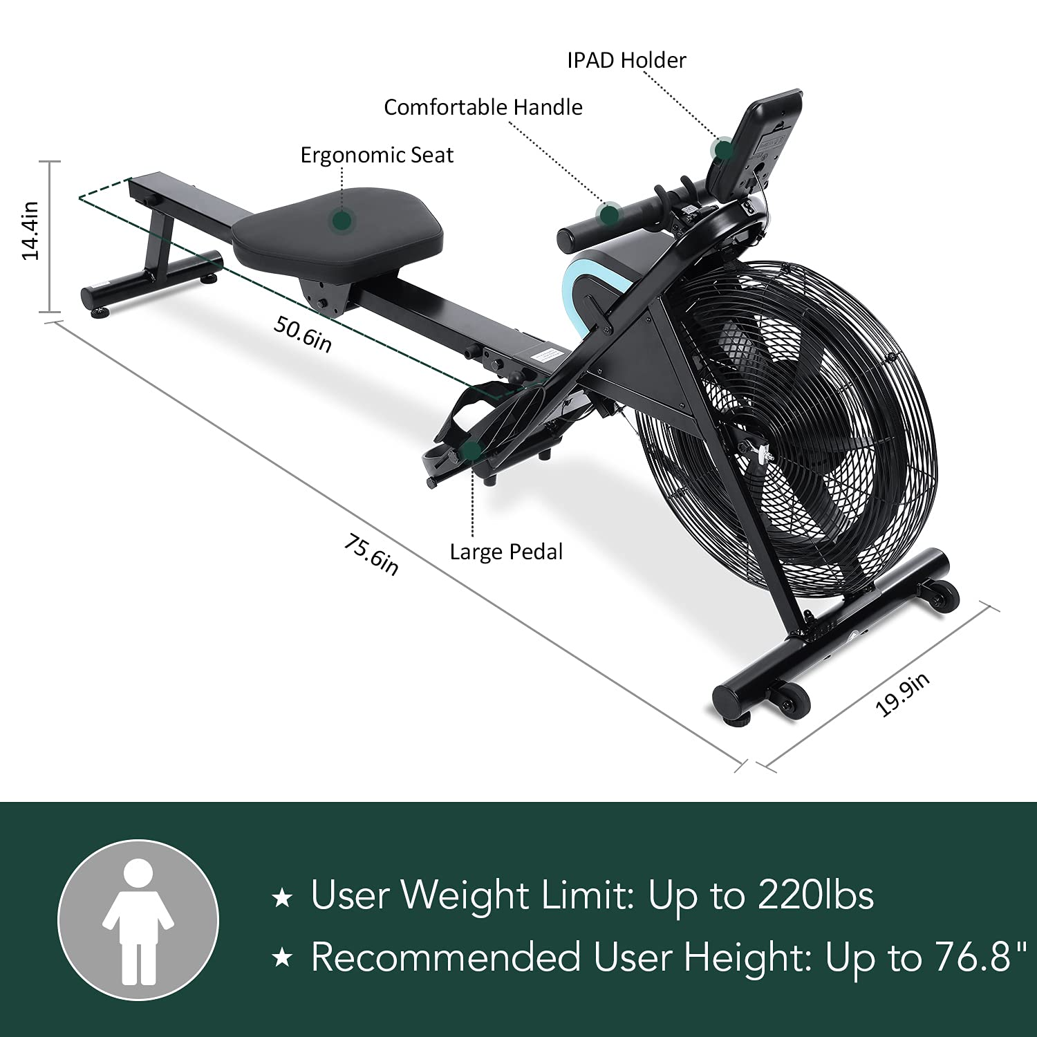 Air Rowing Machine Rower with LCD Monitor 220LB Weight Capacity 51 I MARNUR