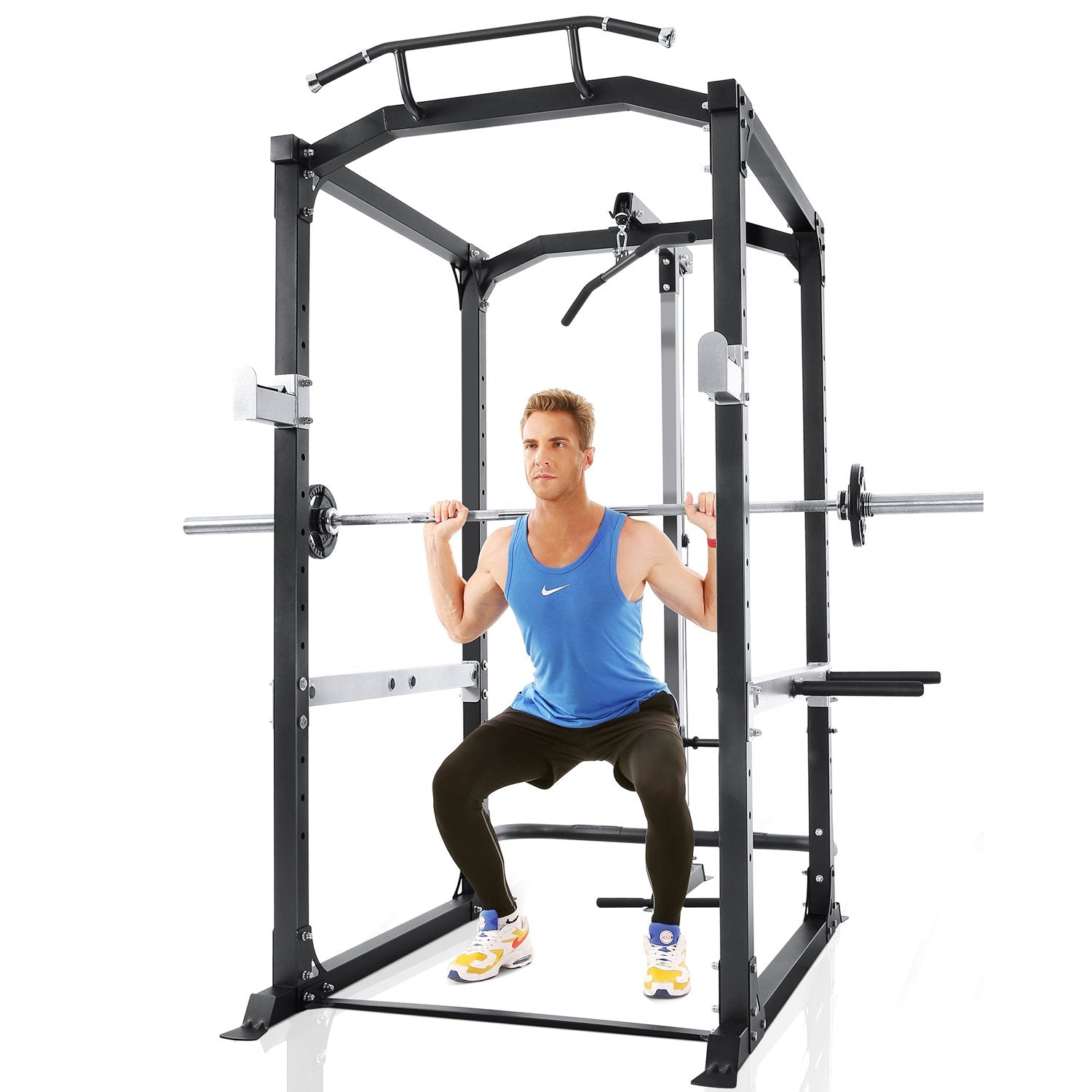 Load image into Gallery viewer, Power Cage with Lat Pulldown Attachments Olympic Squat Rack with J-Hook Strength Training Smith Machine with 14 Height Adjustable 1600 lbs Capacity for Home Gym Barbell Weight Lifiting
