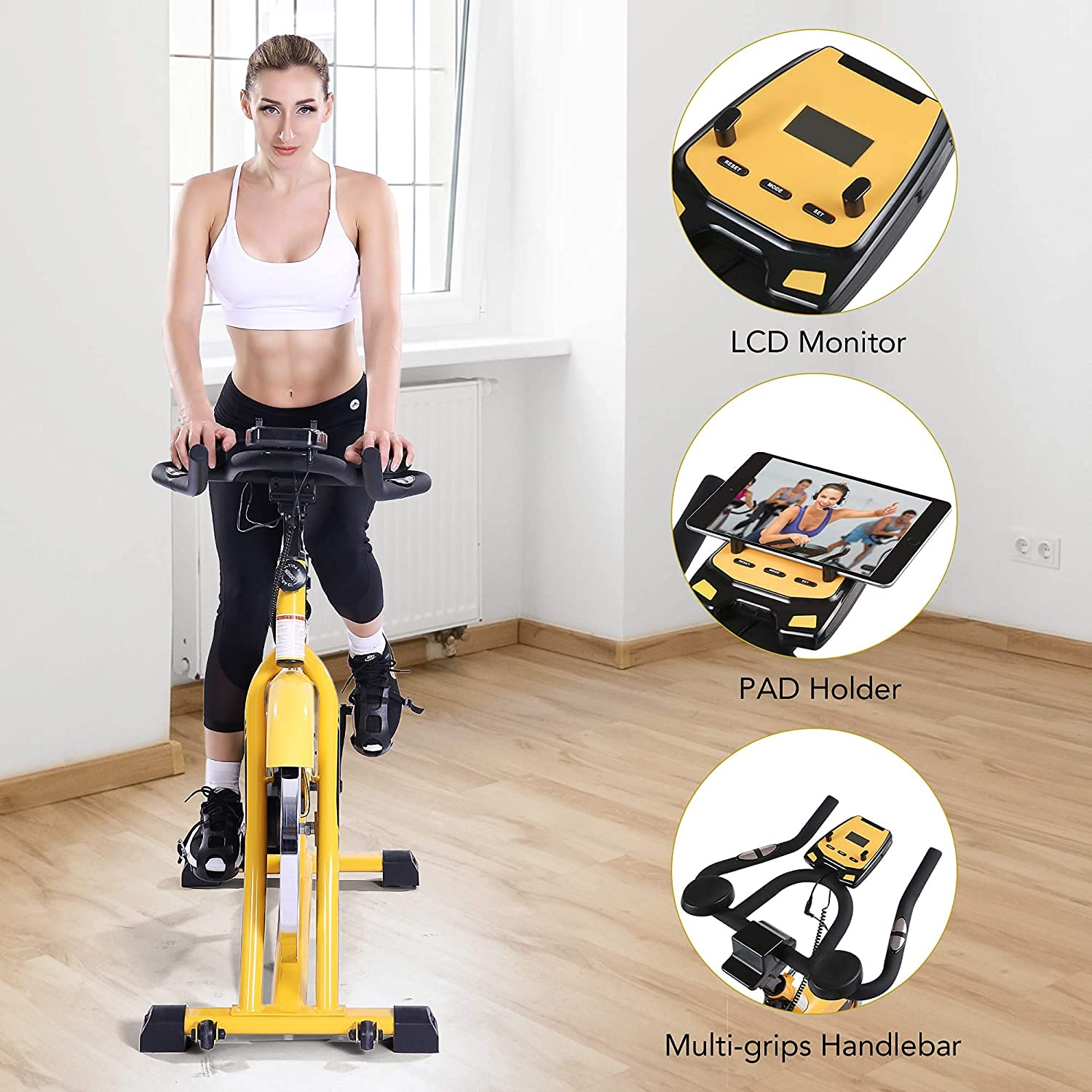 Load image into Gallery viewer, Exercise Bike Stationary Bike Belt Drive Indoor Cycling Bike 44lbs Flywheel &amp; Pulse Sensor/LCD Monitor/IPad Mount Exercise Bike w/Adjustable Handlebar for Home Cardio Workout
