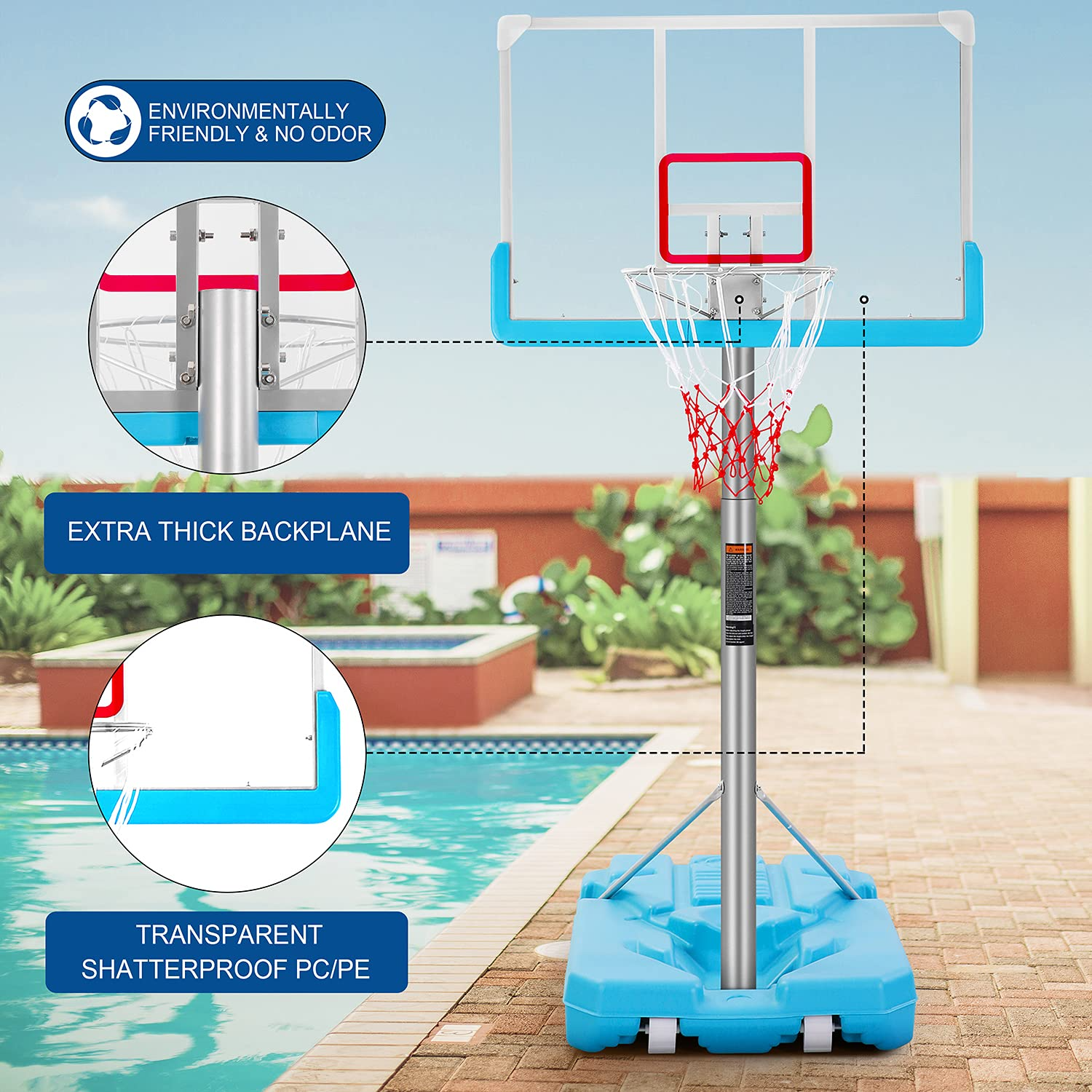 Load image into Gallery viewer, Poolside Basketball Hoop System Portable Swimming Pool Basketball Goal Set Game Stand Adjustable Height 47’’-79’’ Outdoor Indoor for Kid Adult W PVC Shatterproof Backboard Basketball Rim Net
