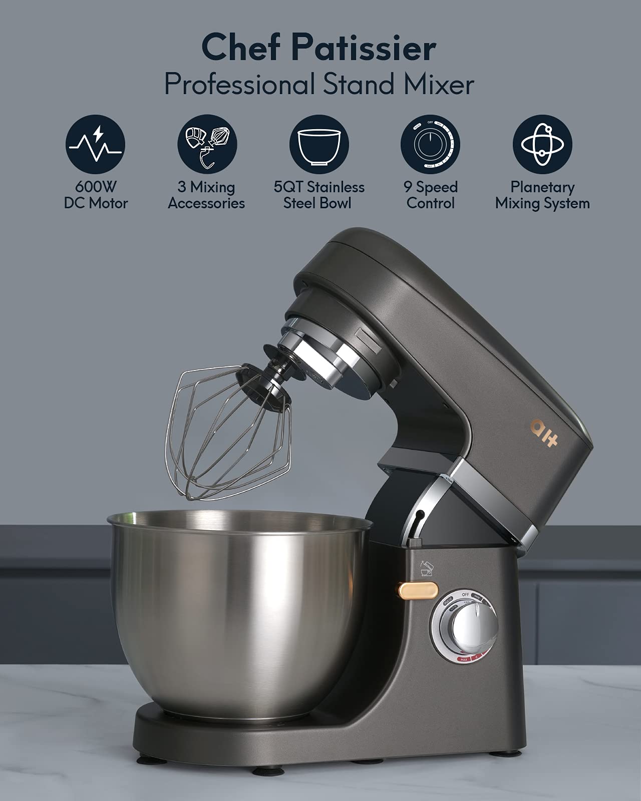 Load image into Gallery viewer, Stand Mixer 8+1-Speed Tilt-Head, 600W Kitchen Electric Mixer with 5QT Stainless Steel Bowl,Planetary Mixing System, Dough Hook, Flat Beater, Whisk, Splash Guard, Dishwasher Safe,Grey
