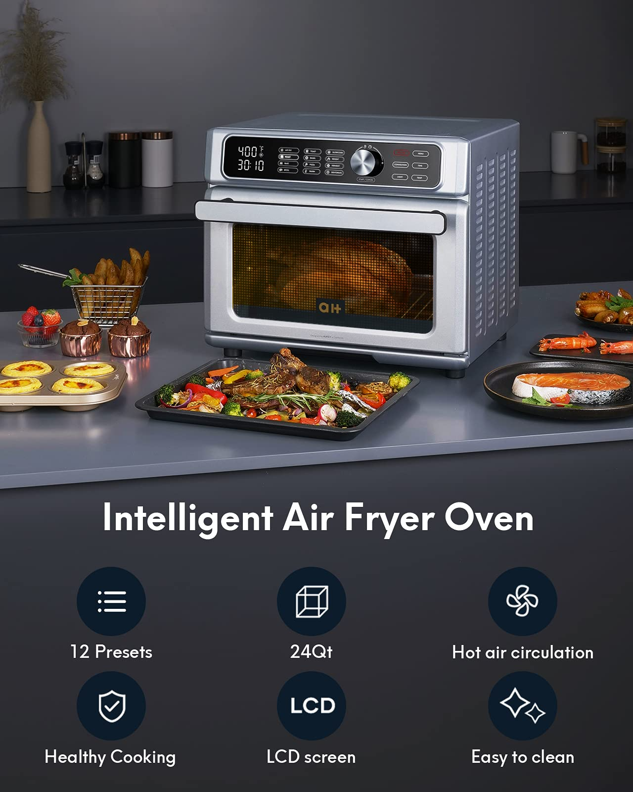 Load image into Gallery viewer, Toaster Oven 12-in-1 Air Fryer Combo, Digital Convection Oven And Dehydrator for Chicken,Pizza and Cookies, Large 24 QT Countertop Oven with 100 Online Recipes, Stainless Steel, 1700W
