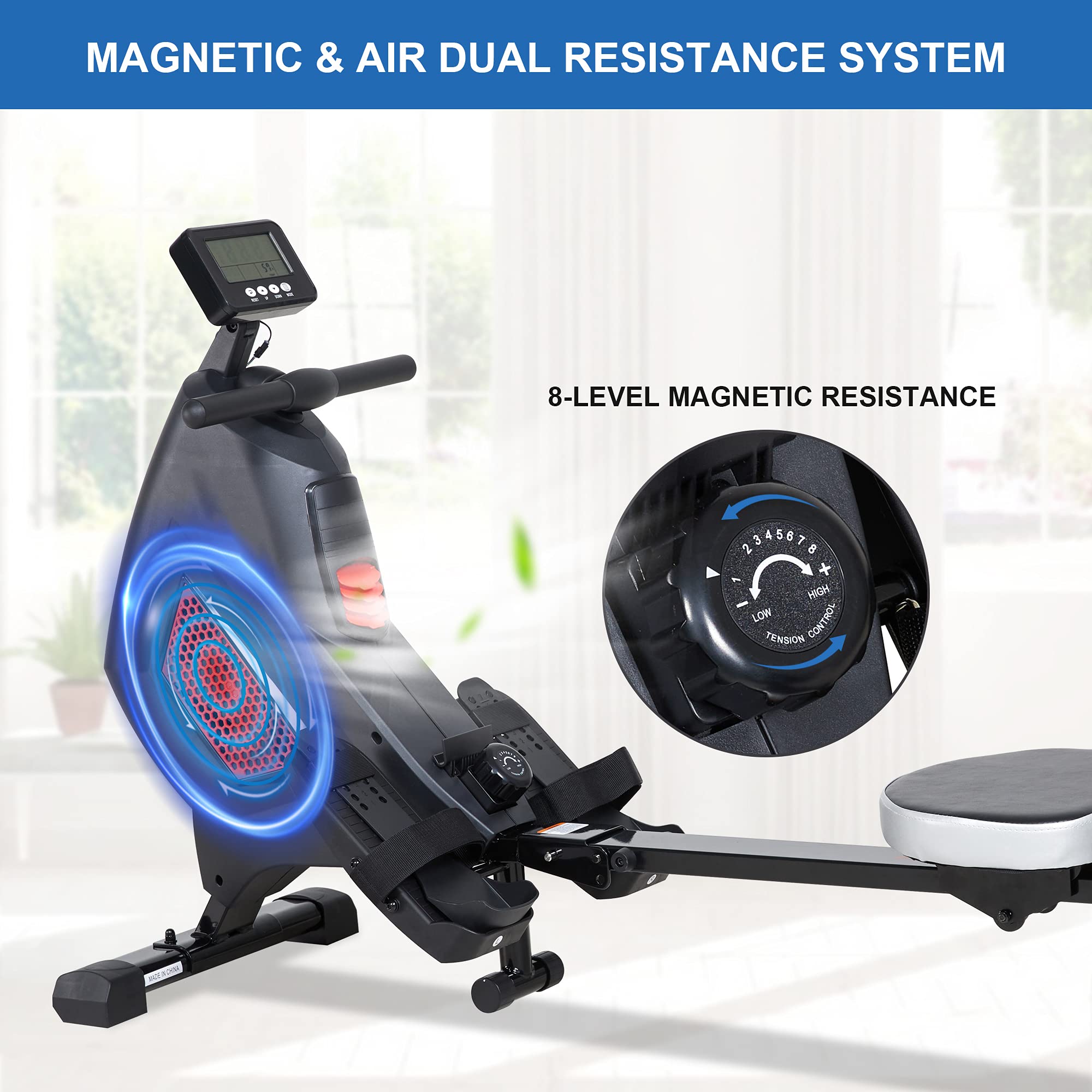 Load image into Gallery viewer, Magnetic Air Rowing Machines for Home Use, 8-Level Quiet Magnetic &amp; Air Dual Resistance Foldable Rower with LCD Monitor for Cardio Exercise Gyms Training Equipment
