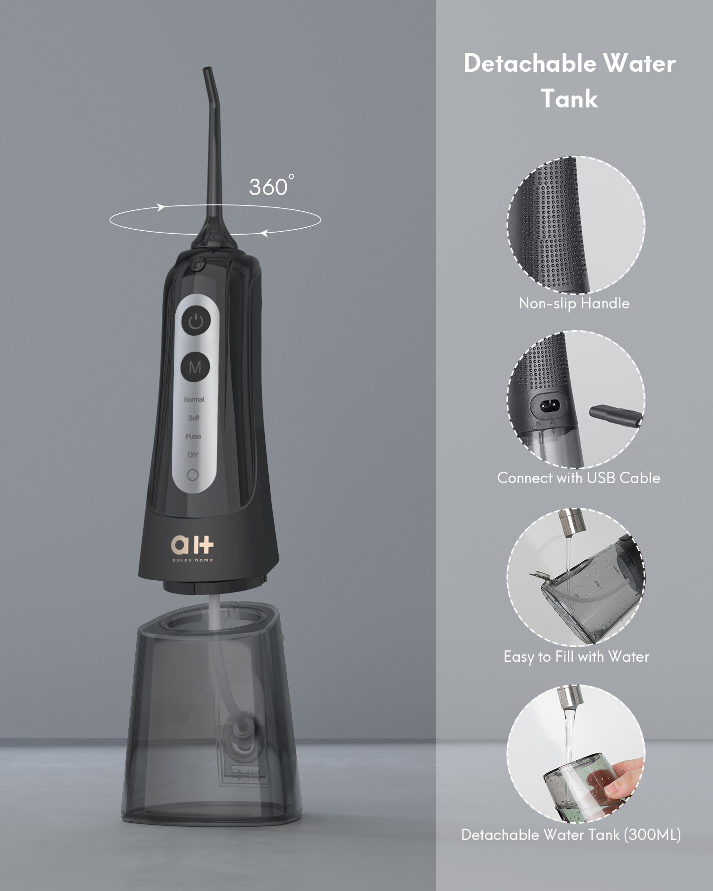 Load image into Gallery viewer, Water Flosser Cordless Portable Oral Irrigator with 4 Cleaning Modes, Removable Water Tank of 300 ML, 360-Degree Rotation, 7 Multifunctional Heads, USB Rechargeable, Black
