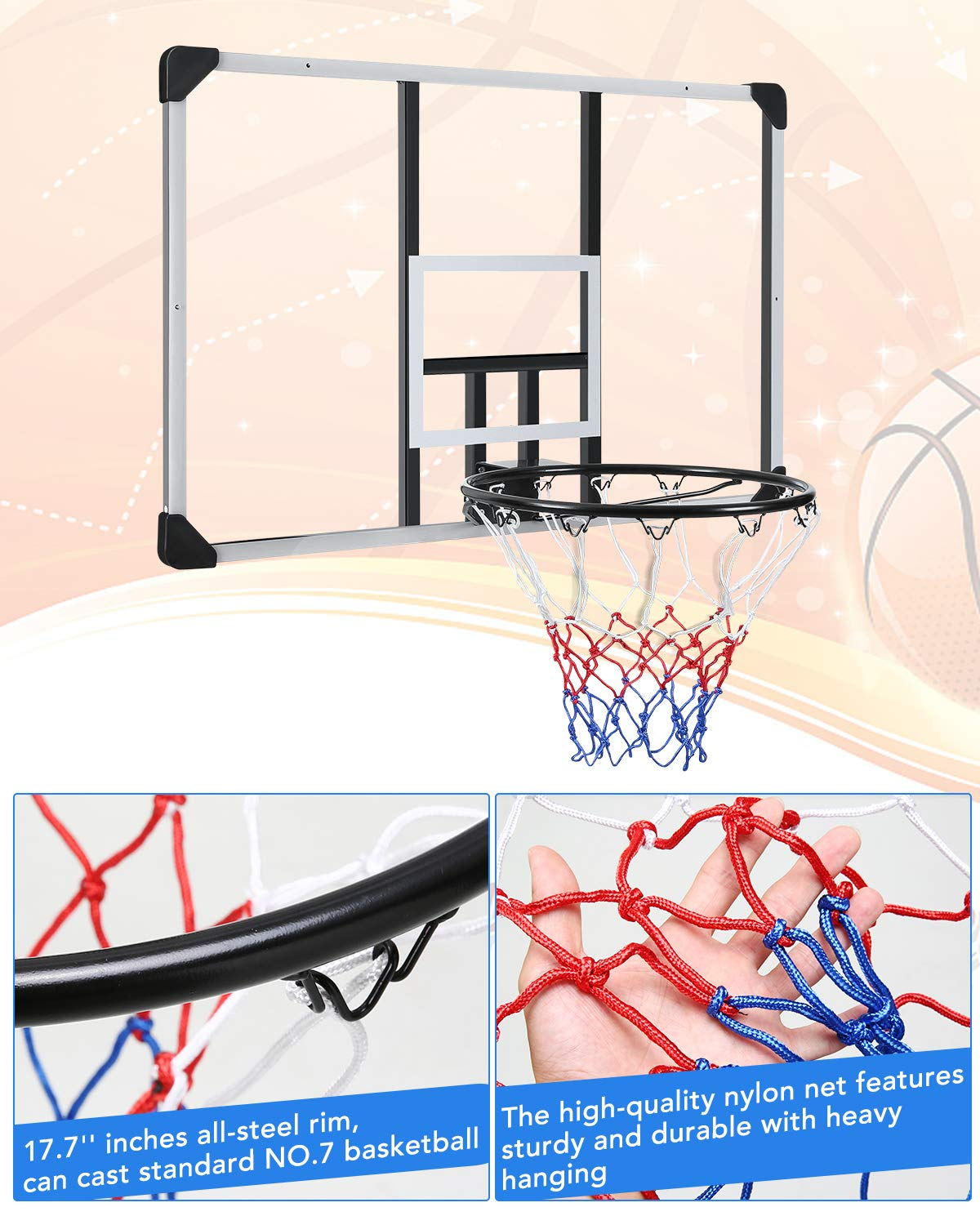 Load image into Gallery viewer, 44 Inch Basketball Backboard Wall-Mount Hoops &amp; Goals Rim Combo Kit&amp;Shatterproof Polycarbonate Board&amp;All-Steel Rustproof Frame&amp;for Standard No.7 Balls
